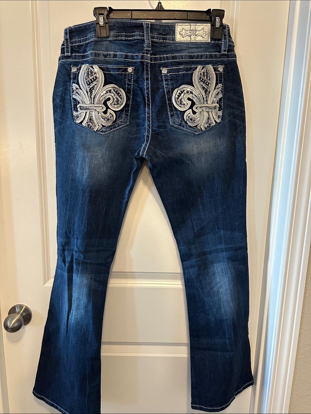 Miss Me Dark Blue Flare Jeans with Contrast Stitching 32x30
